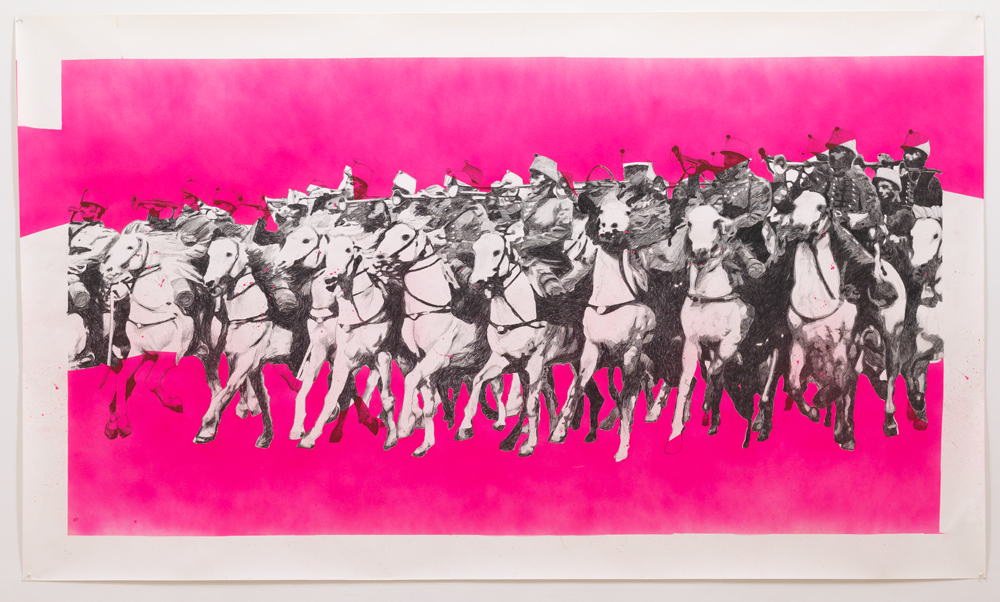'Cavalerie' , 150 x 300 cm; kleurpotlood en spuitbus op papier; 2008