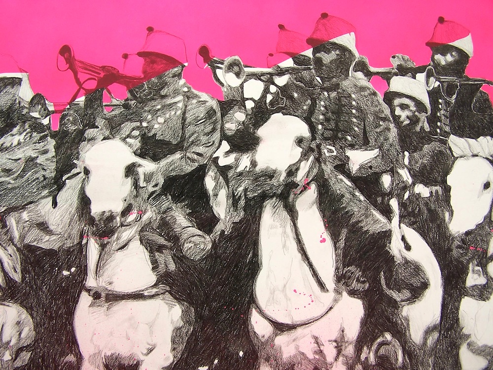 'Cavalerie' (detail), 150 x 300 cm; kleurpotlood en spuitbus op papier; 2008