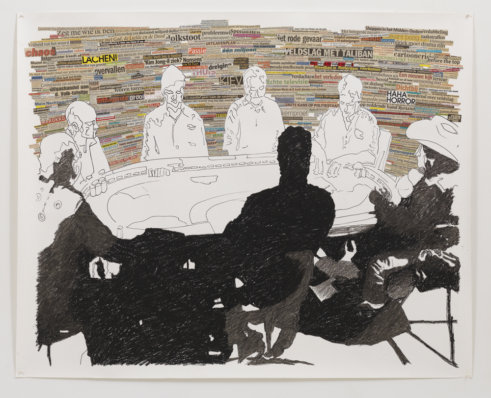 'Poker' , 150 x 175 cm; krantenknipsels, watervaste marker en oliepastel op papier; 2008
