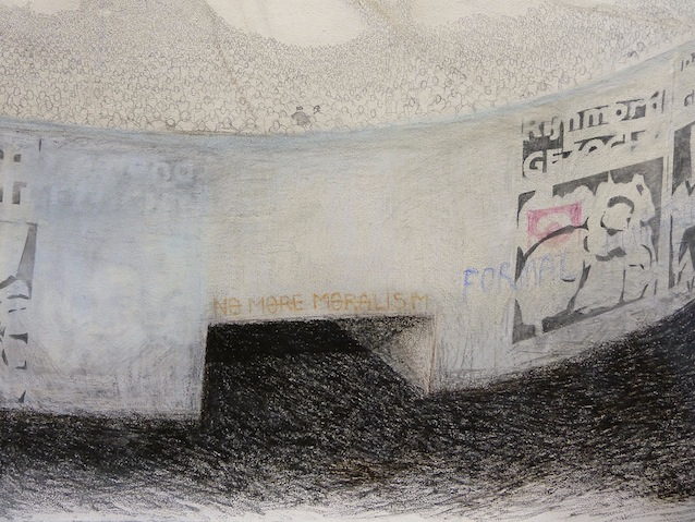 Stadion (detail); 265 x 390 cm; waxaquarel, grafiet en softpastel op zelfgemaakt papier uit katoenen lompen; 2011