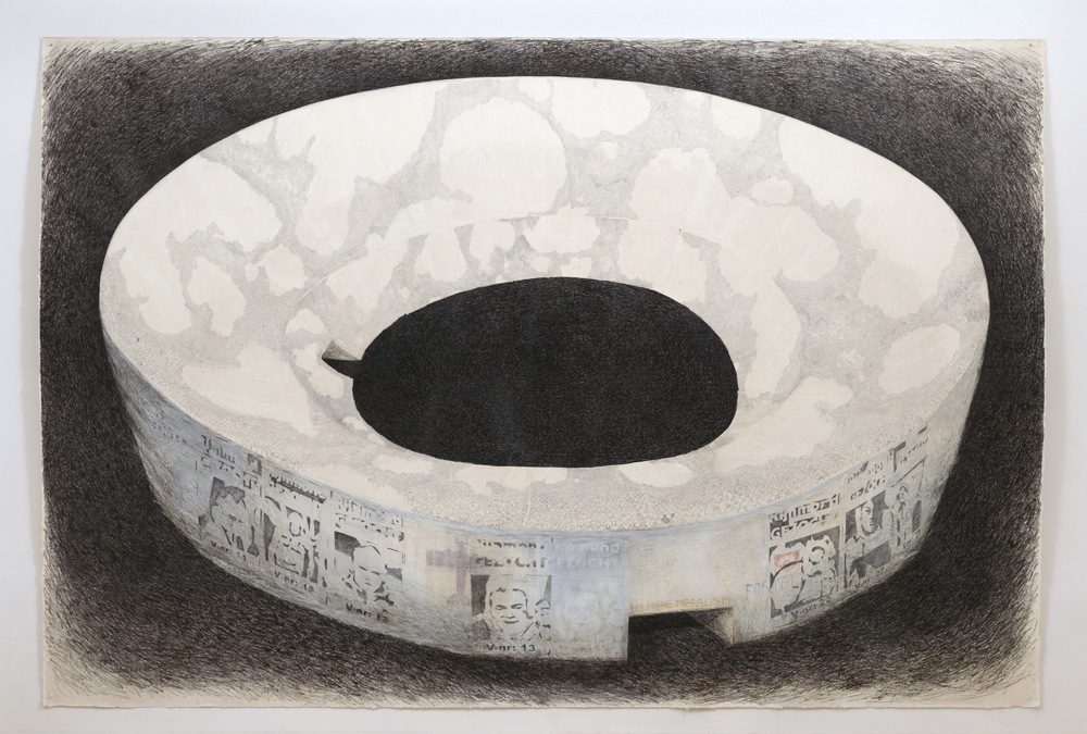 Stadion; 265 x 390 cm; waxaquarel, grafiet en softpastel op zelfgemaakt papier uit katoenen lompen; 2011
