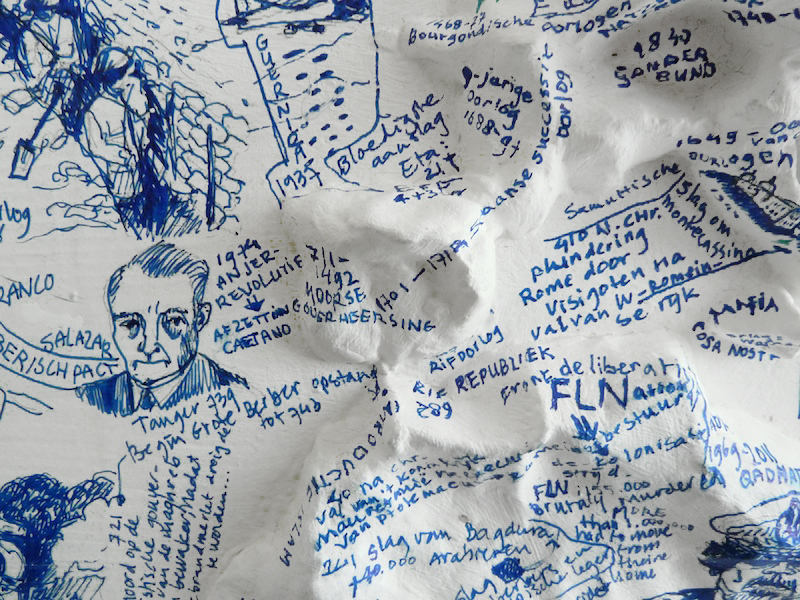 Het Paradijs als Restruimte (detail) 80 x 120 x 75 cm; Ikea tafel, latex, klei, gesso, fine liner; 2013