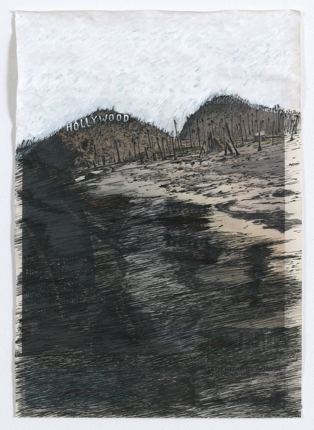 Hollywood; 42 x 29 cm; pen, gesso en tip-ex op krantenpagina; 2014