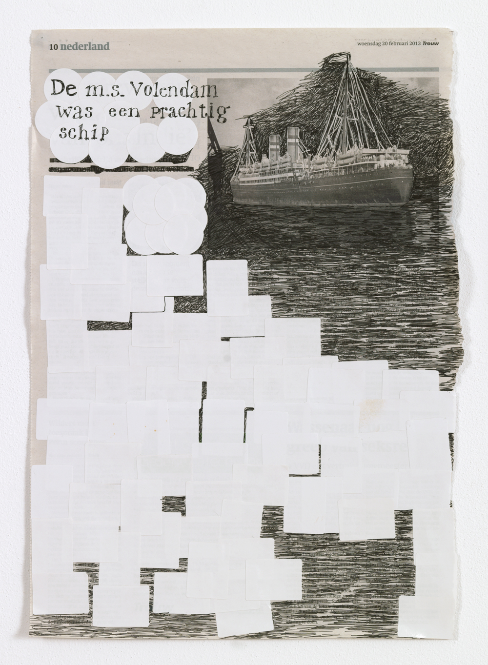 MS-Volendam; 42 x 29 cm; pen en stickers op krantenpagina; 2014
