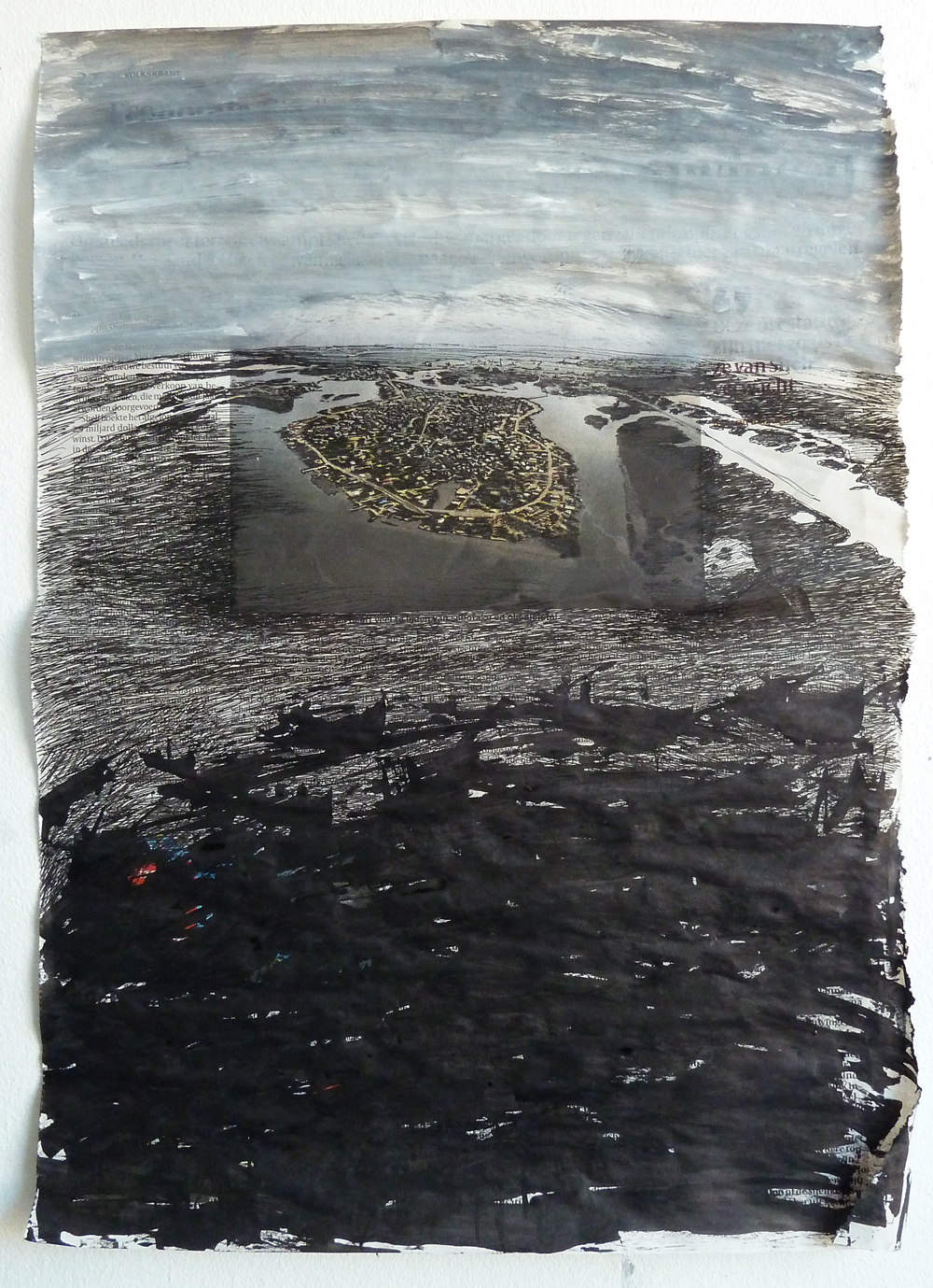 Nigerdelta; 42 x 29 cm; gesso, pen, inkt op krantenpagina; 2014