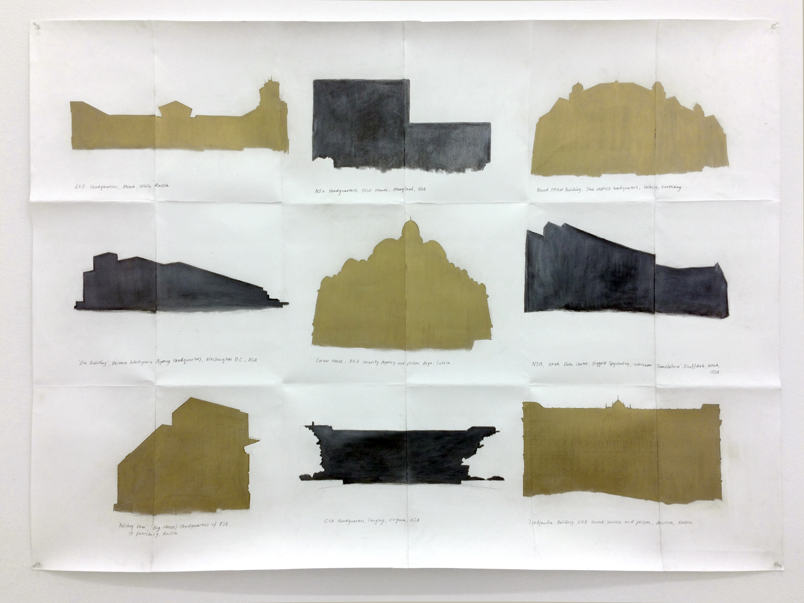 CIA/KGB, 80 x 110 cm, goud-zilverpoeder en grafiet op papier, 2018