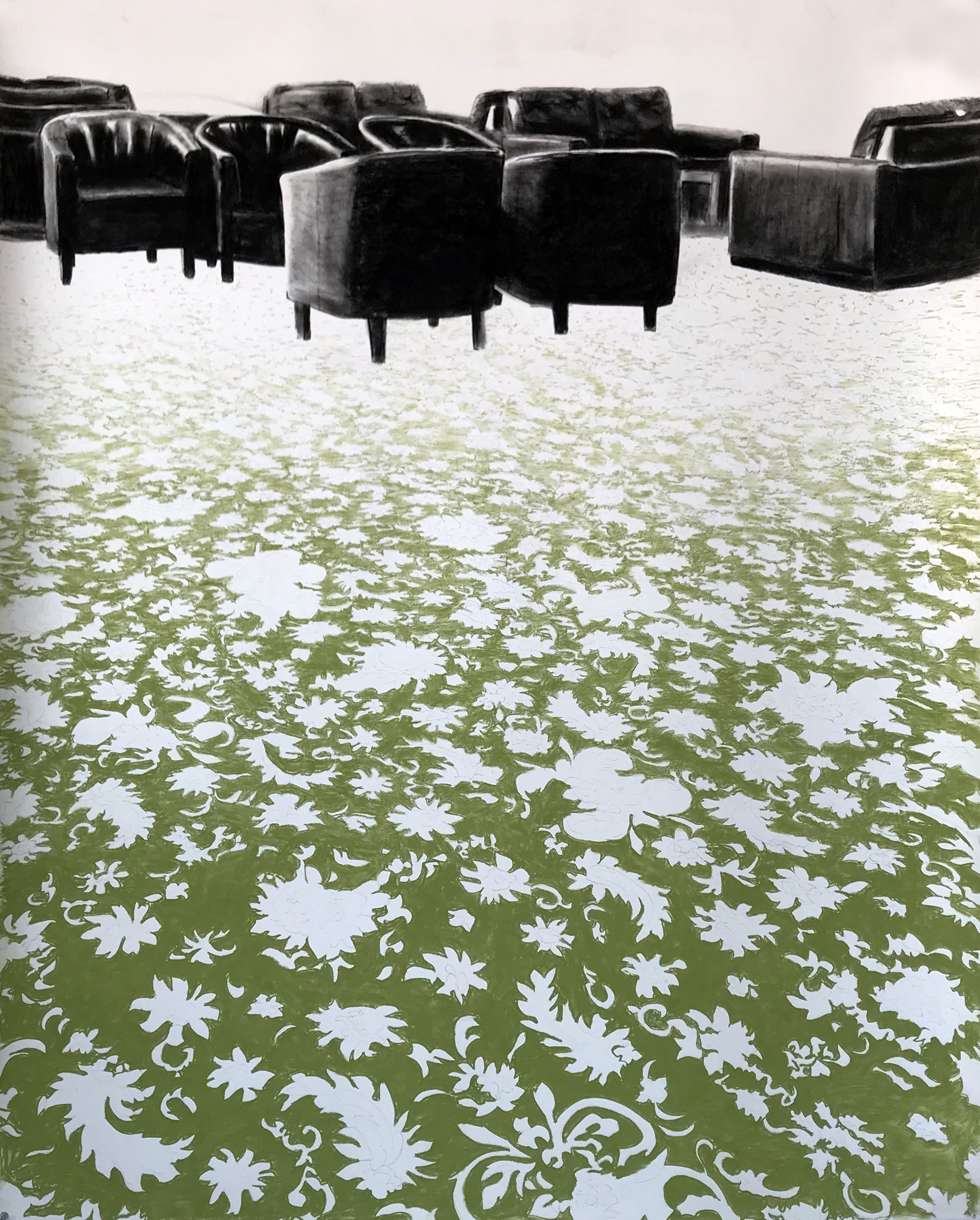 Black seats/green flowers, 140 x 110 cm, soft pastel on paper 2021